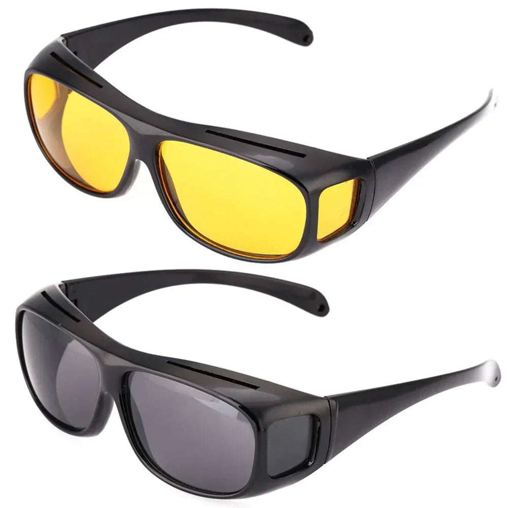 Schwarze Sonnenbrillen mit gelben und grauen Gläsern, UV-Schutz, modisches Design.