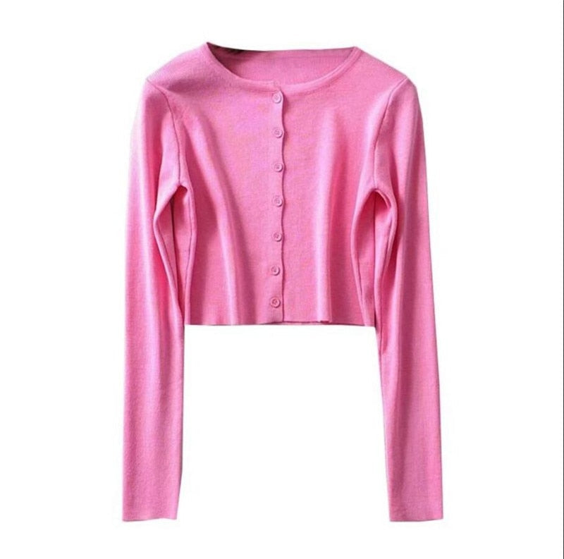 Rosa Strickjacke Damen, Langarm, Knopfleiste, Modetrend, Baumwolle, Freizeitkleidung