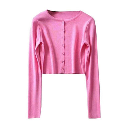 Rosa Strickjacke Damen, Langarm, Knopfleiste, Modetrend, Baumwolle, Freizeitkleidung