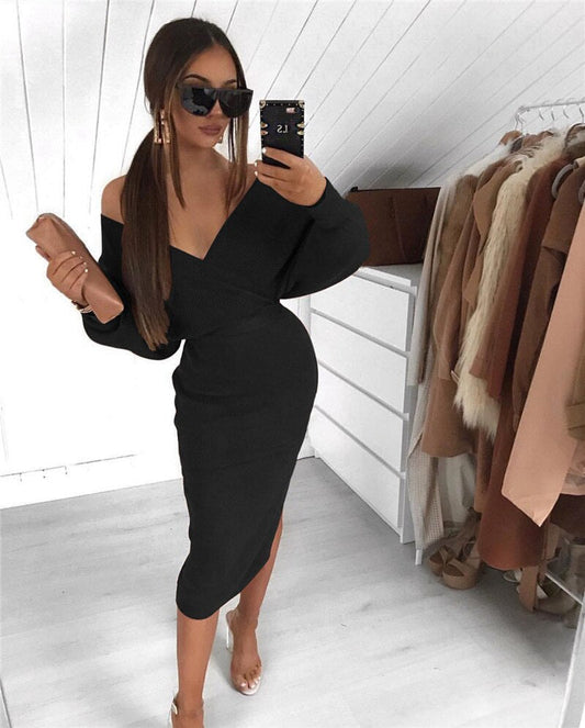 Frau im schwarzen, schulterfreien Kleid, Sonnenbrille, Handy, Mode, eleganter Look, Selfie.