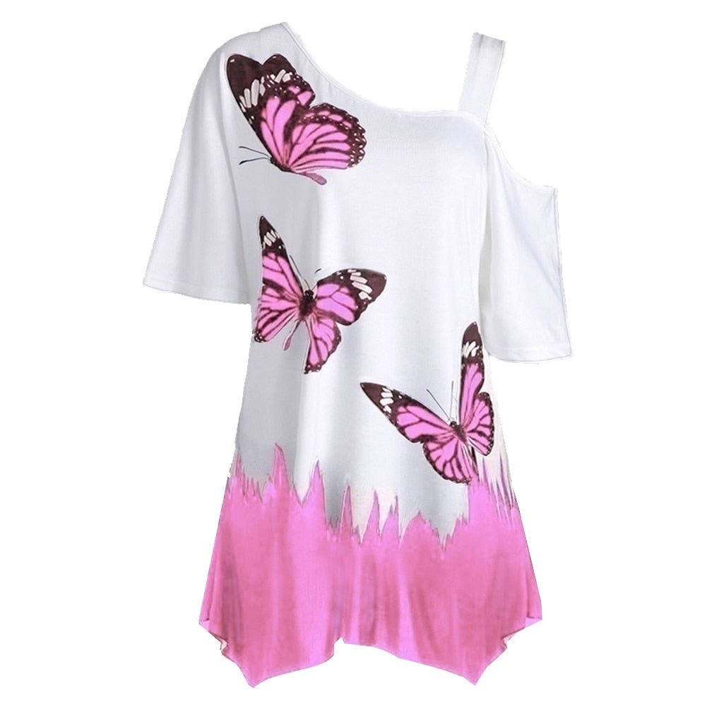 Damen T-Shirt mit Schmetterlingsmotiv, weiß-rosa, asymmetrisch, Sommermode, Baumwolle.
