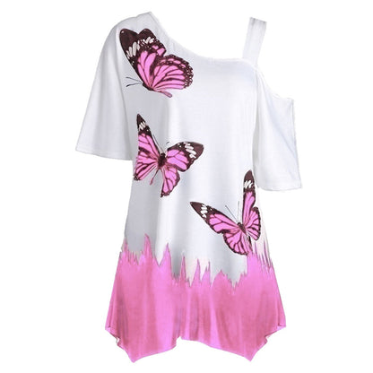 Damen T-Shirt mit Schmetterlingsmotiv, weiß-rosa, asymmetrisch, Sommermode, Baumwolle.
