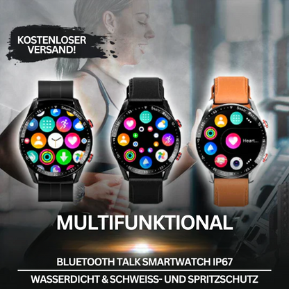 Multifunktionale Bluetooth Smartwatch, wasserdicht, IP67, schwarz und orange Armband.