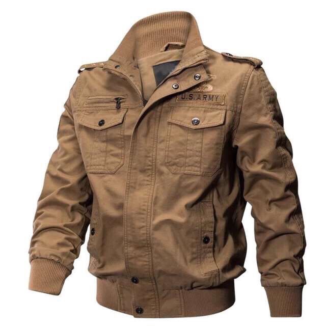 Braune Herrenjacke, Militärstil, Baumwolle, mit Taschen und Reißverschluss, US Army Design.