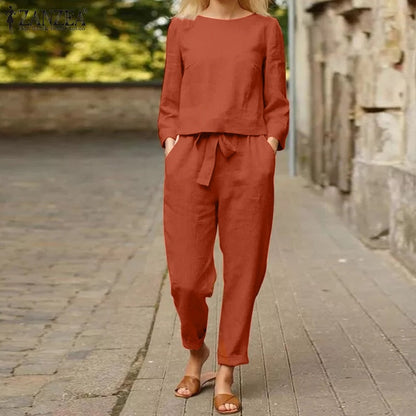 Frau in rotem Leinen-Zweiteiler, lässig, Sommermode, bequeme Kleidung, Straße, ZANZEA.