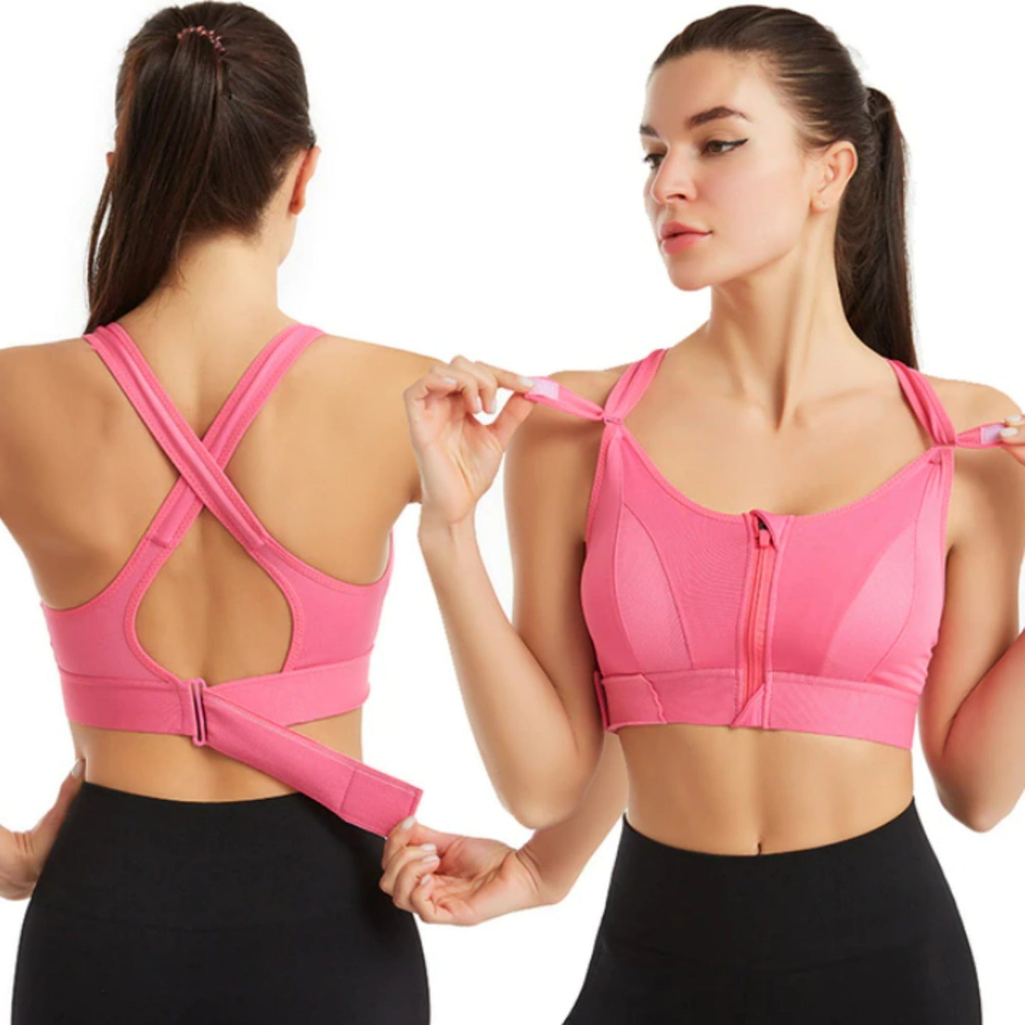 Frau in pinkem Anti-Bounce Sport-BH mit Reißverschluss, ideal für Fitness und Training.