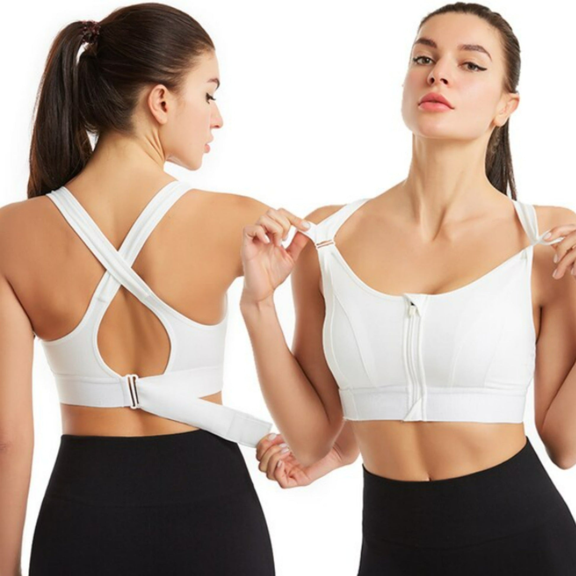 Weißer Anti-Bounce Sport-BH mit Reißverschluss, verstellbaren Trägern, ideal für Fitness.
