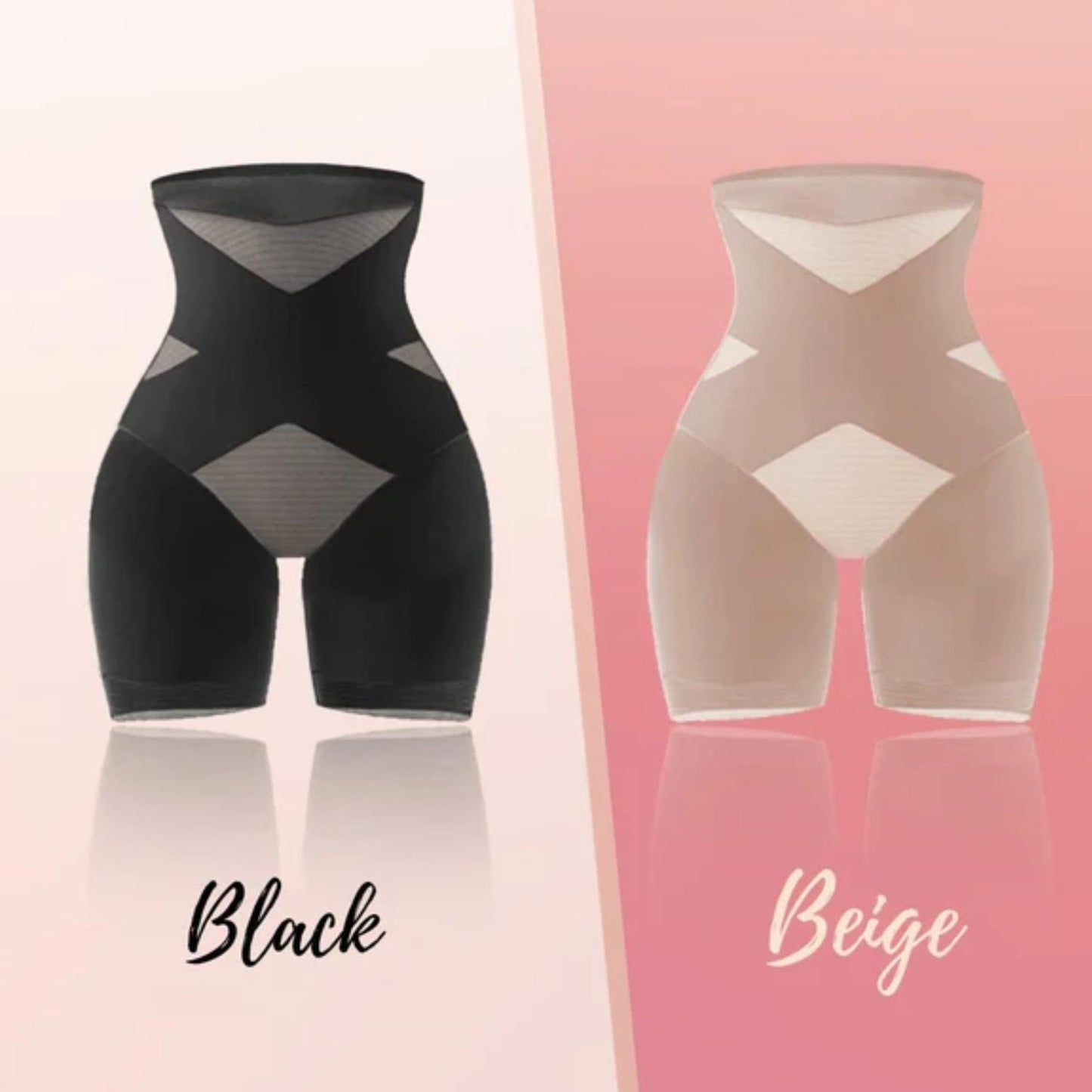 Schwarze und beige Shapewear-Shorts, Cross Compression, Bauch- und Po-Formung.