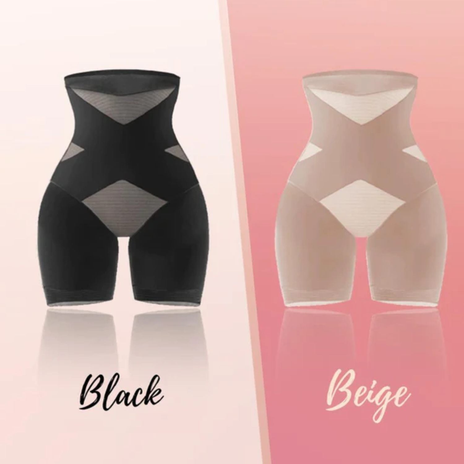 Schwarze und beige Shapewear-Shorts, Cross Compression, Bauch- und Po-Formung.