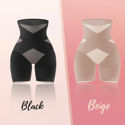 Schwarze und beige Shapewear-Shorts, Cross Compression, Bauch- und Po-Formung.