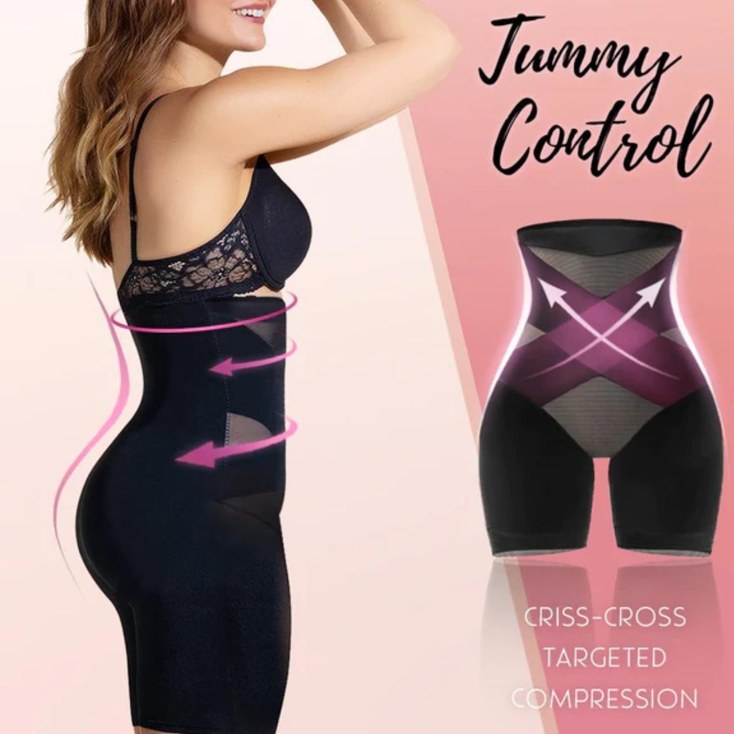 Frau in schwarzer Shapewear mit Bauchkontrolle, Kreuzkompression, figurformend, seitliche Ansicht.
