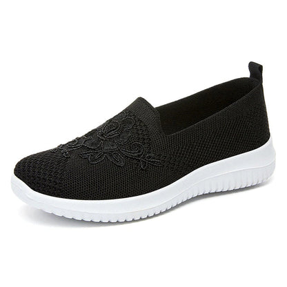 Schwarzer Damen-Sneaker aus Mesh mit Blumenmuster, atmungsaktiv, rutschfeste Sohle.