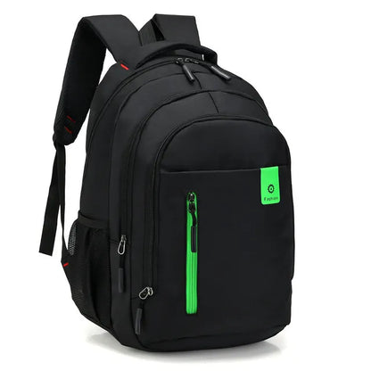 Schwarzer wasserdichter Rucksack, Oxford-Stoff, grüne Akzente, Business- und Schultasche.