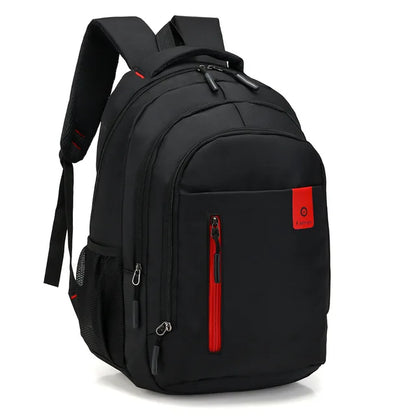 Schwarzer wasserdichter Oxford-Rucksack, Business-Computer-Tasche, rot-schwarze Details.