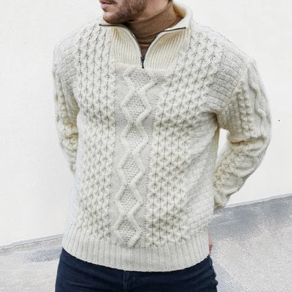 Herren weiße Strickpullover mit hohem Kragen, lange Ärmel, Wintermode 2023.