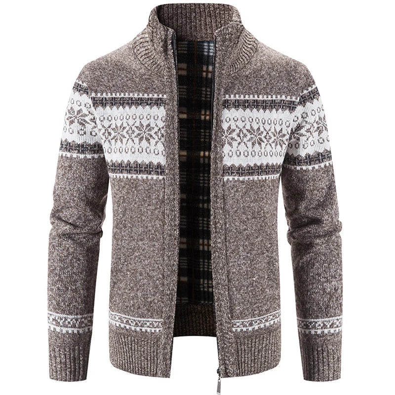 Braune Herren-Strickjacke mit Reißverschluss, Norwegermuster, Wintermode, warm, casual.