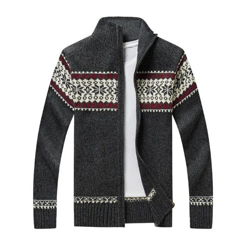 Dunkelgrauer Herren-Wollpullover mit geometrischem Muster, Reißverschluss, Wintermode.