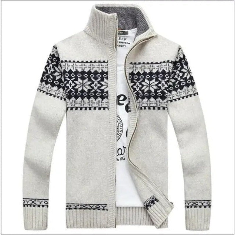 Herren Strickjacke mit geometrischem Muster, beige und schwarz, Reißverschluss, Wintermode.