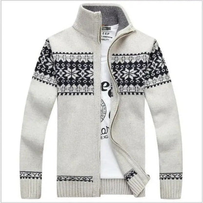 Herren Strickjacke mit geometrischem Muster, beige und schwarz, Reißverschluss, Wintermode.
