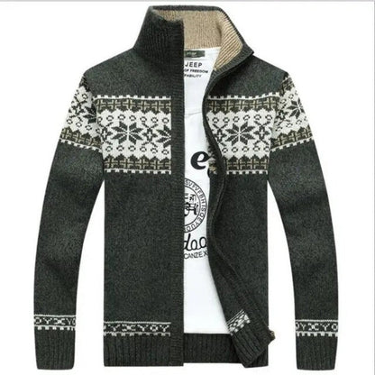 Dunkelgrauer Herren-Wollpullover mit geometrischem Muster und Reißverschluss, Wintermode.