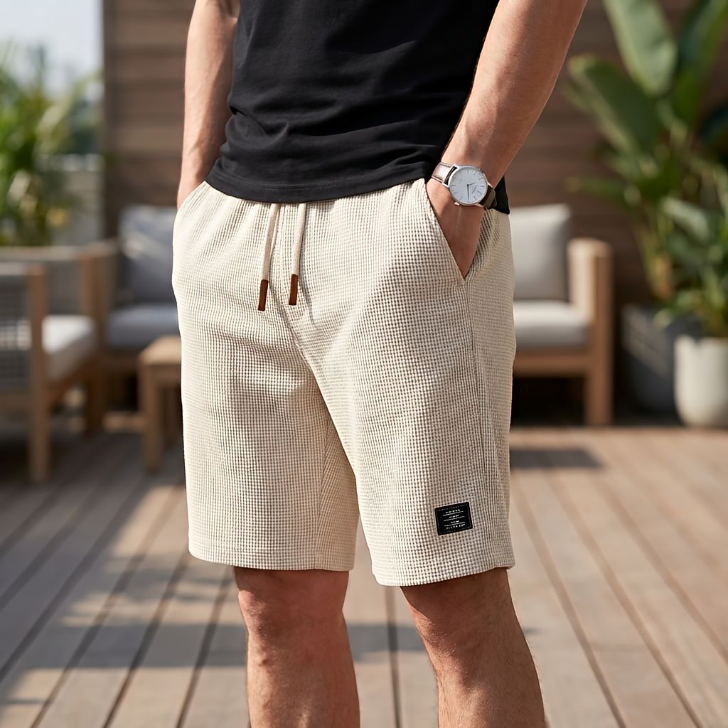 Beige shorts i vaffeltyg med dragsko, burna av en man med armbandsur och handen i fickan på en trädäck. 8