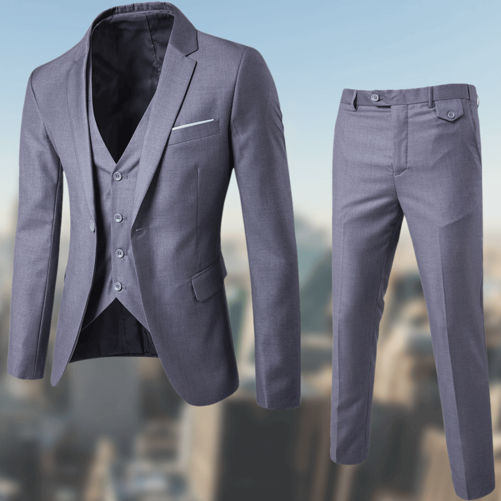 Grauer Herrenanzug mit Weste, elegantes Design, ideal für formelle Anlässe.