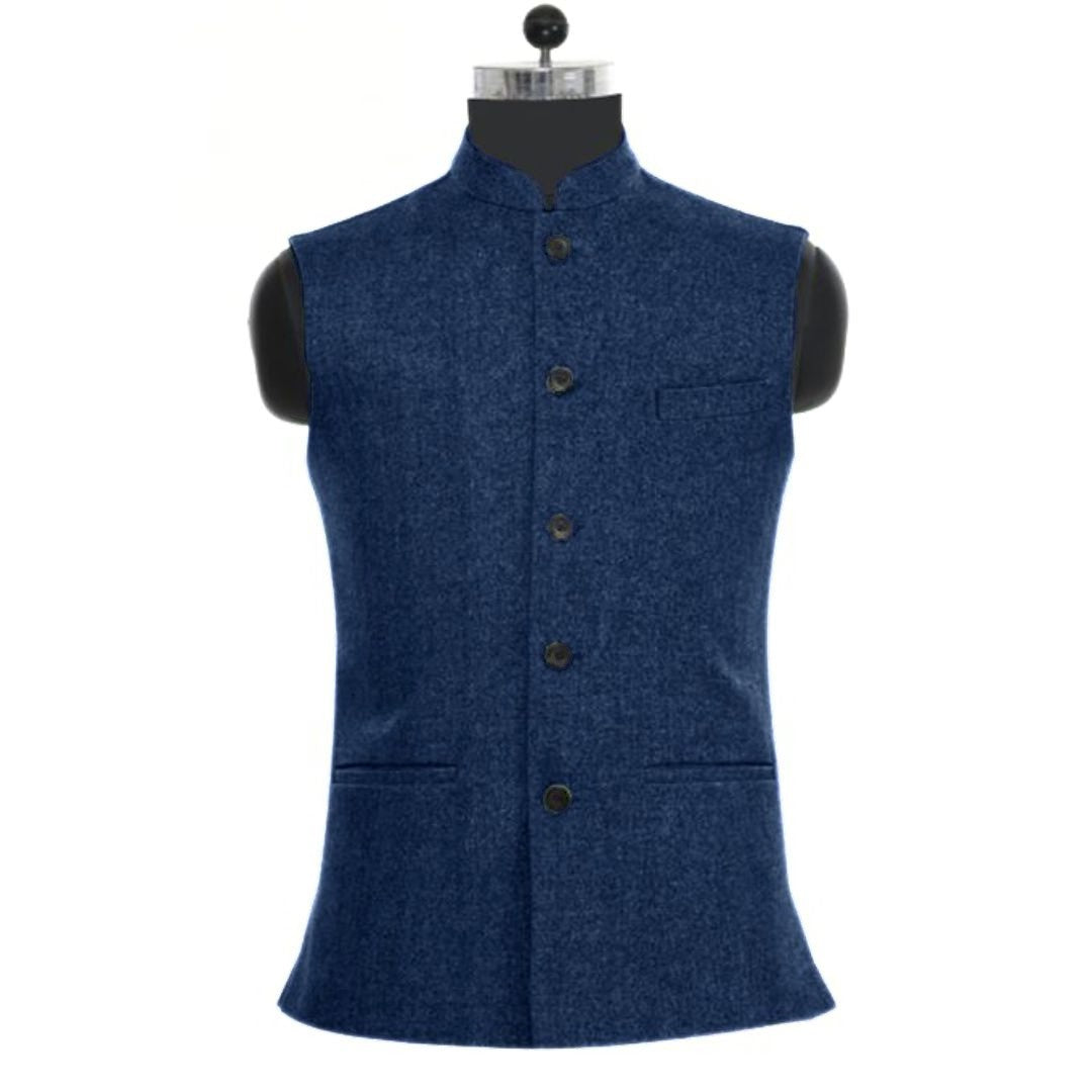 Navyblaues Herren-Wollweste, ärmellos, Stehkragen, Knopfleiste, elegant, formell.