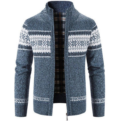 Grauer Herren-Strickjacke mit Reißverschluss, Wintermode, skandinavisches Muster, warm.