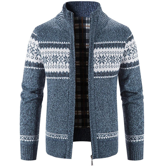 Grauer Herren-Strickjacke mit Reißverschluss, Wintermode, skandinavisches Muster, warm.