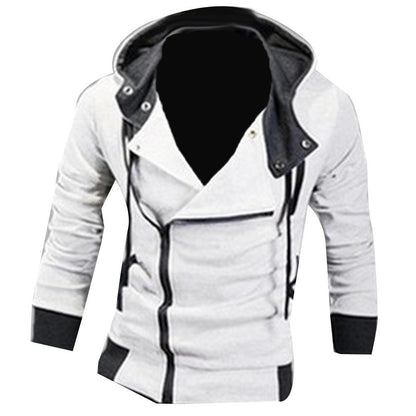 Weiße Herrenjacke mit Kapuze, Reißverschluss, schwarz-weiße Kontraste, modisch, lässig.