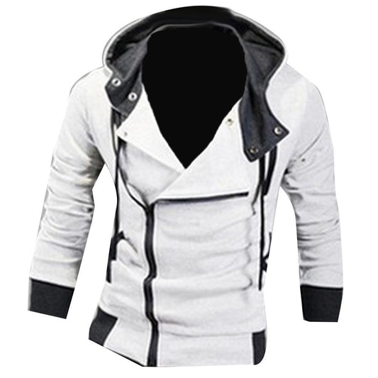 Weiße Herrenjacke mit Kapuze, Reißverschluss, schwarz-weiße Kontraste, modisch, lässig.