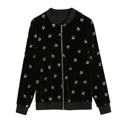 Schwarze Samtjacke mit Schwanenstickerei, Reißverschluss, modische Damenbekleidung.