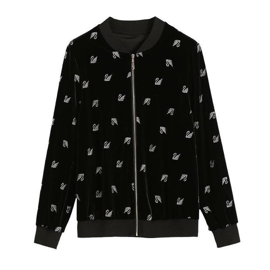 Schwarze Samtjacke mit Schwanenstickerei, Reißverschluss, modische Damenbekleidung.