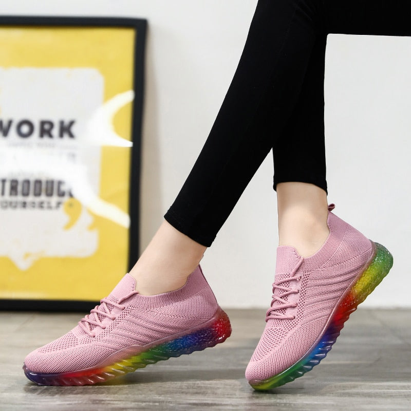 Rosa Damen-Sneaker mit Regenbogen-Sohle, atmungsaktiv, modisch, bequem, Freizeit.