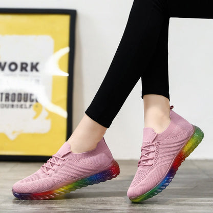 Rosa Damen-Sneaker mit Regenbogen-Sohle, atmungsaktiv, modisch, bequem, Freizeit.