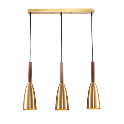 Goldene Pendelleuchte mit drei Lampenschirmen, modernes Design, ideal für Esszimmerbeleuchtung.