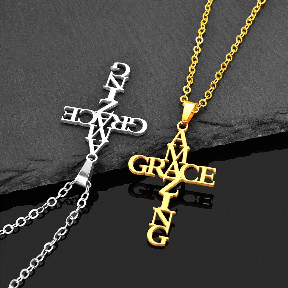 Goldenes und silbernes Kreuzkette "Amazing Grace" aus Edelstahl, modisches Schmuckdesign.