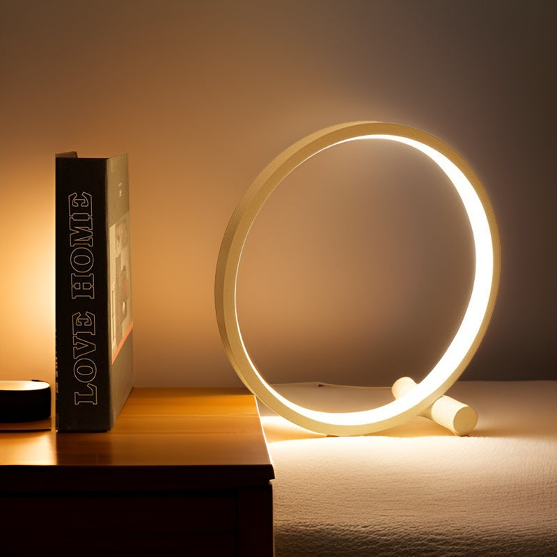 Moderne LED-Tischlampe, rund, warmweißes Licht, minimalistisches Design, Schlafzimmerbeleuchtung.