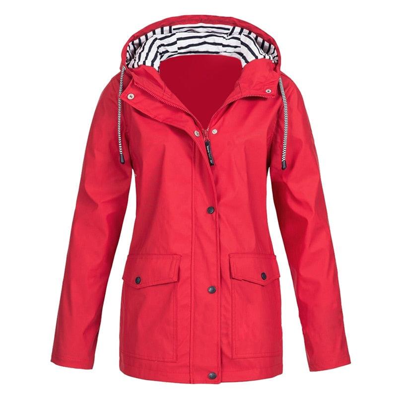 Rote Damen-Regenjacke mit Kapuze, gestreiftes Innenfutter, wasserdicht, Outdoor-Bekleidung.