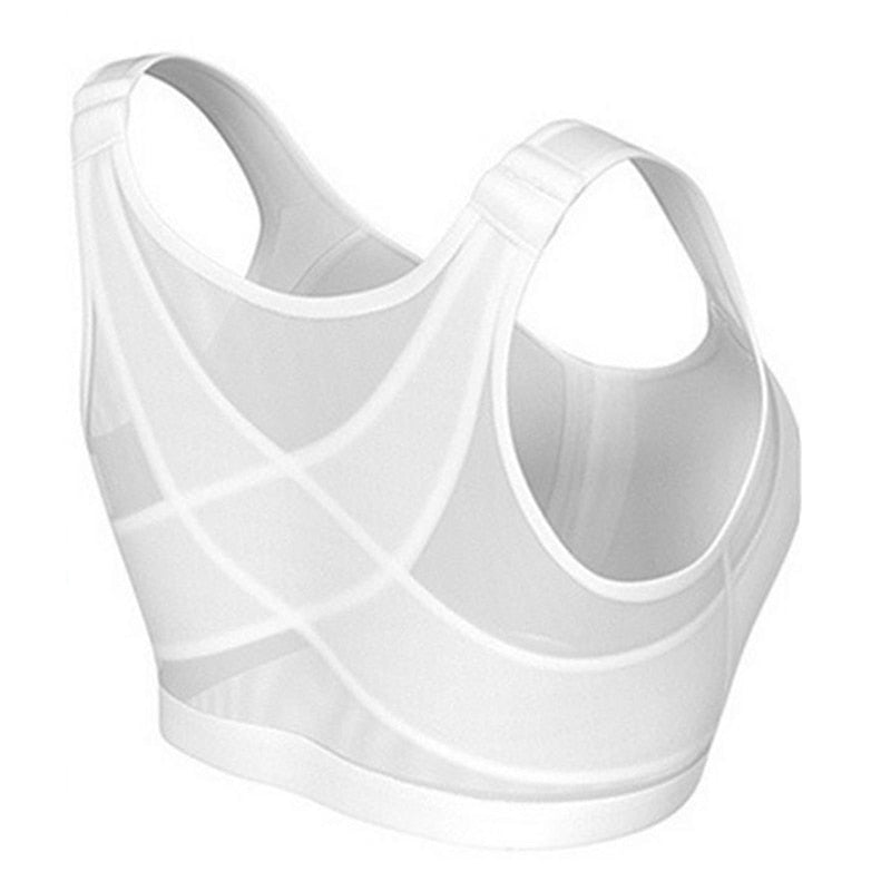 Weißer Sport-BH aus atmungsaktivem Material, Racerback-Design, ideal für Fitness und Yoga.
