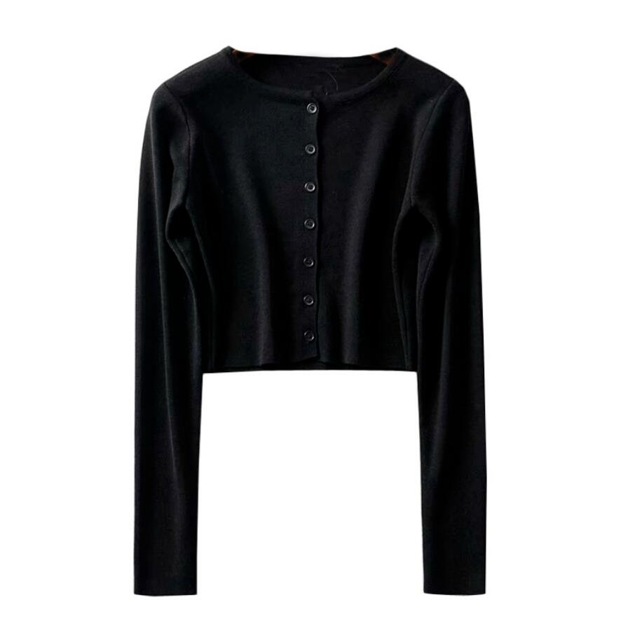 Schwarze Damen-Strickjacke, langärmelig, Knopfleiste, elegant, Baumwolle, modisch.