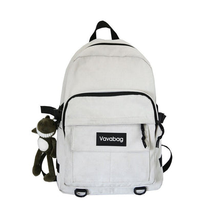 Weißer Rucksack mit Vavabag-Logo, Plüschtier-Anhänger, Schulrucksack, Unisex, robustes Material.