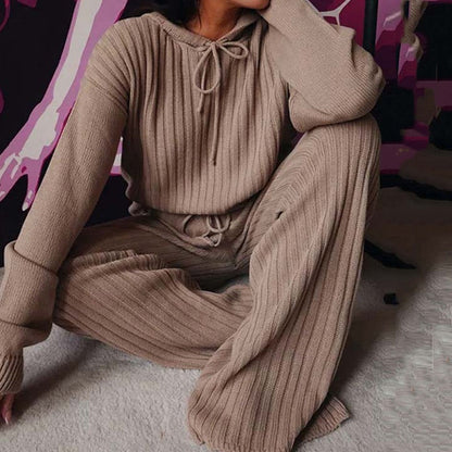 Damen Strickset Beige, gerippt, langärmelig, gemütlich, modisch, Herbst-Winter Outfit