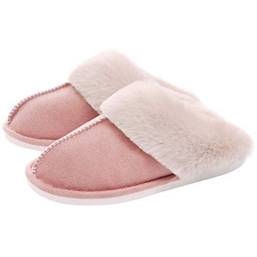 Rosa Damenpantoffeln mit Fellbesatz, ultraweich, Memory Foam, bequem, Hausschuhe.