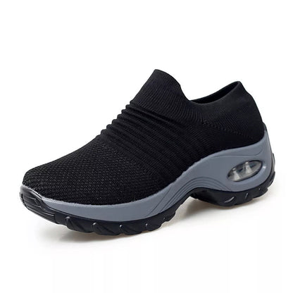 Schwarze Damen-Sneaker mit Luftkissen-Sohle, bequem, atmungsaktiv, rutschfest.
