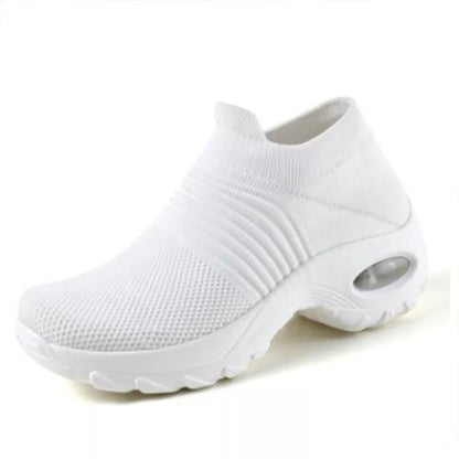 Weiße Damen-Sneaker mit Luftkissen, atmungsaktiv, bequem, rutschfeste Sohle.