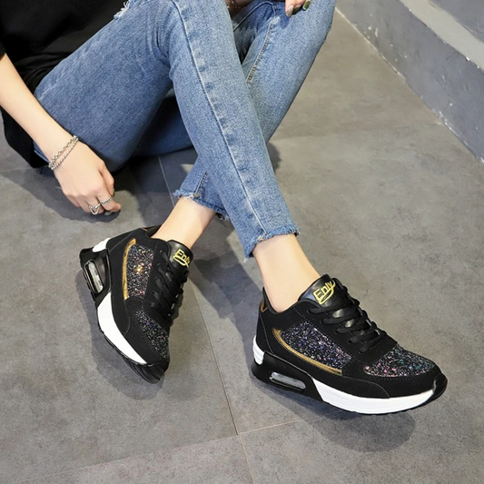 Schwarze Damen-Sneaker, orthopädisch, leicht, runde Zehen, Glitzer, High-Top-Design.