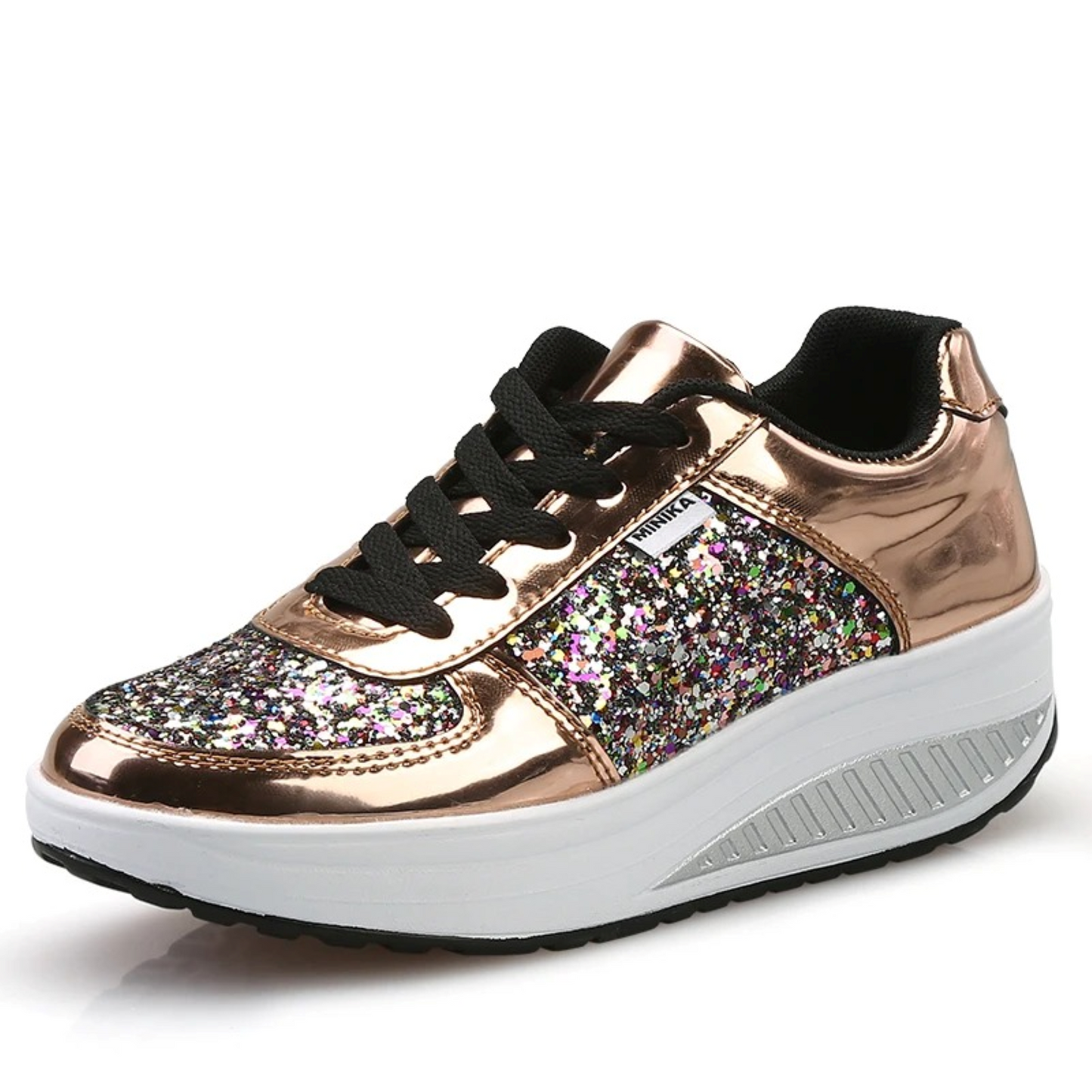Goldene Damen-Sneaker, orthopädisch, leicht, runde Zehen, Glitzerdesign.