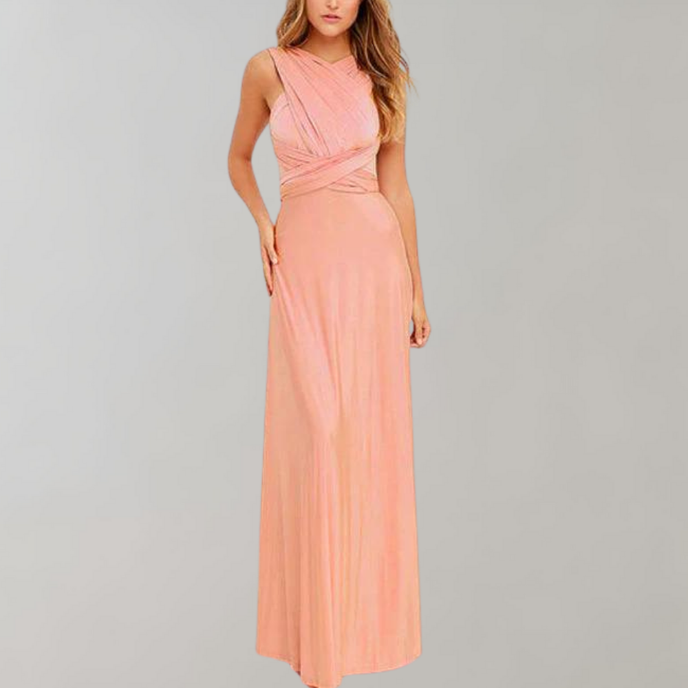 Damen Wickelkleid Rosa, festlich, ärmellos, lang, ideal für Hochzeit, elegantes Design.