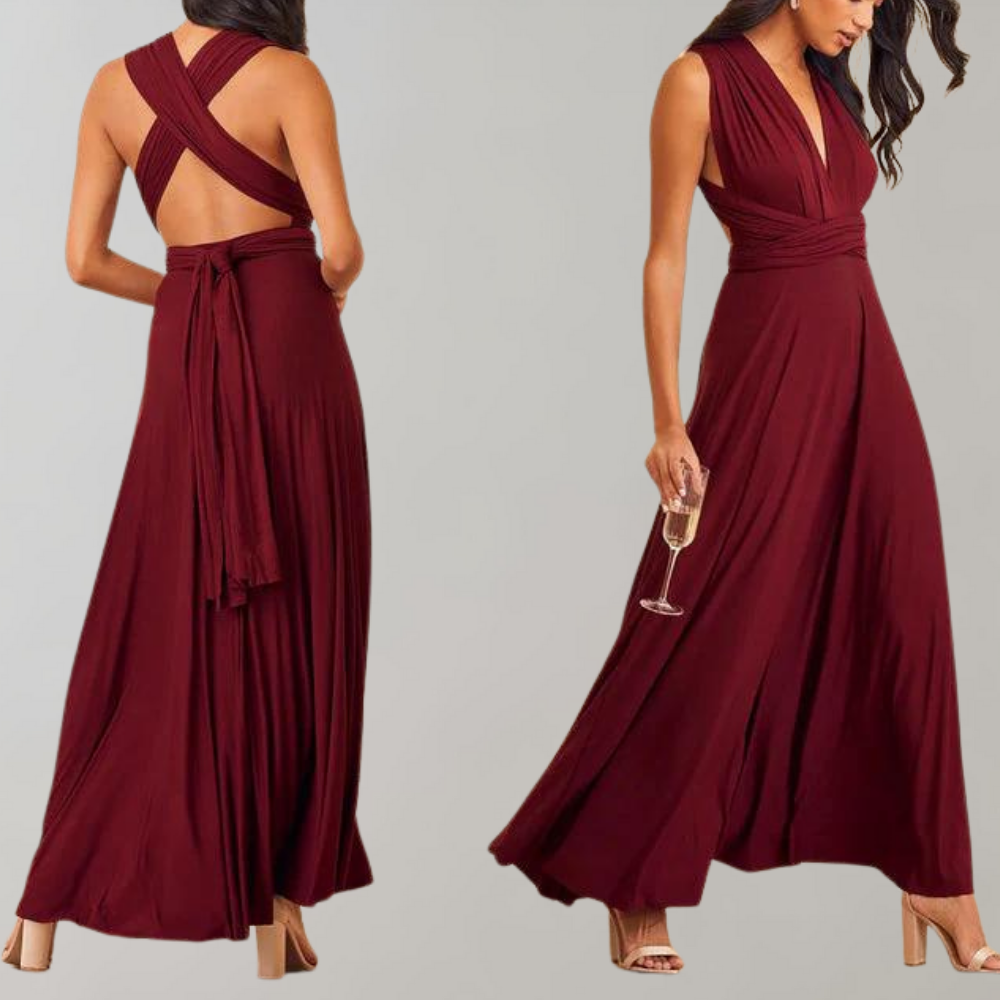 Damen Wickelkleid weinrot, festlich, ärmellos, lang, ideal für Hochzeit, elegantes Design.